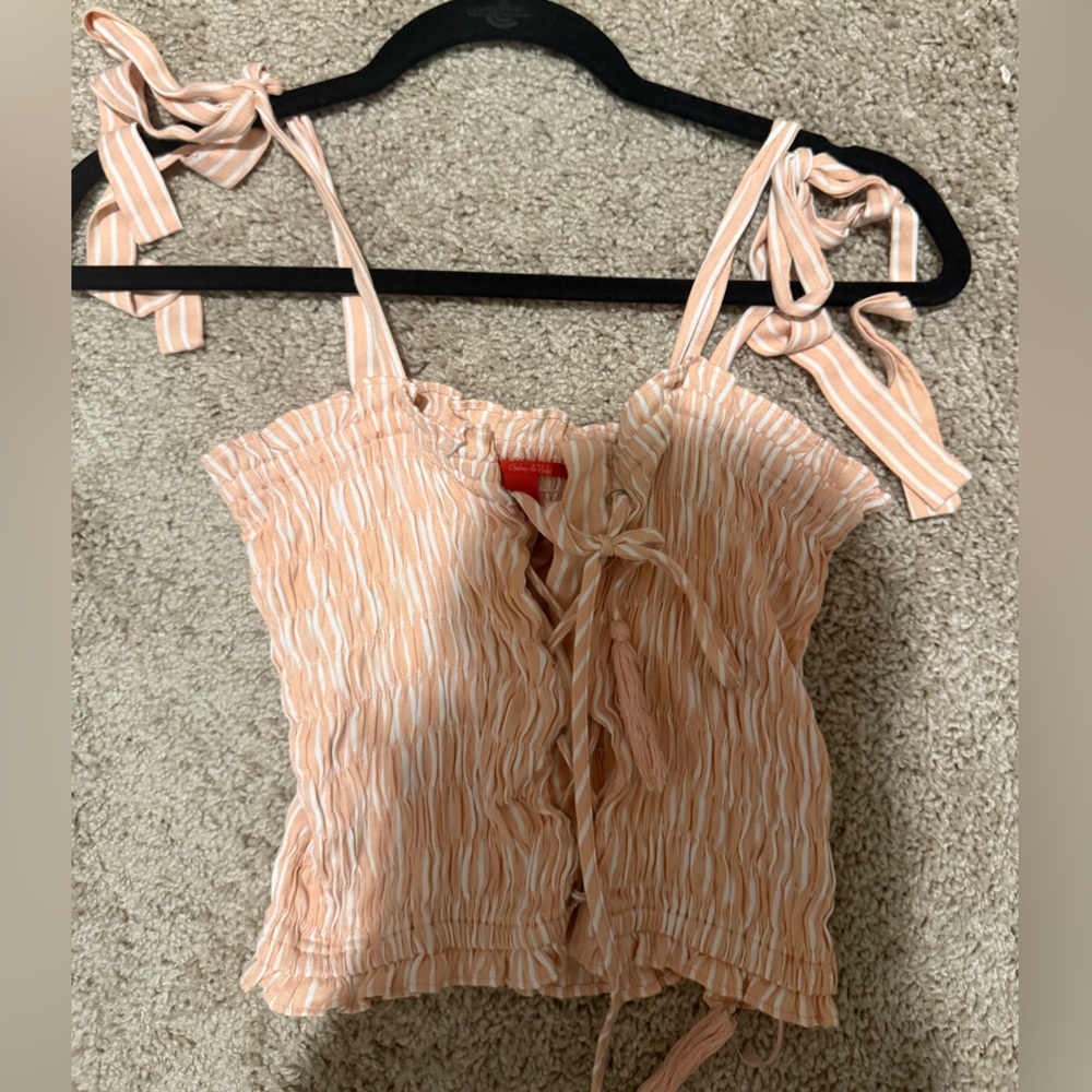 Chelsea & Violet Peach and White Smocked Tie-Front Tank